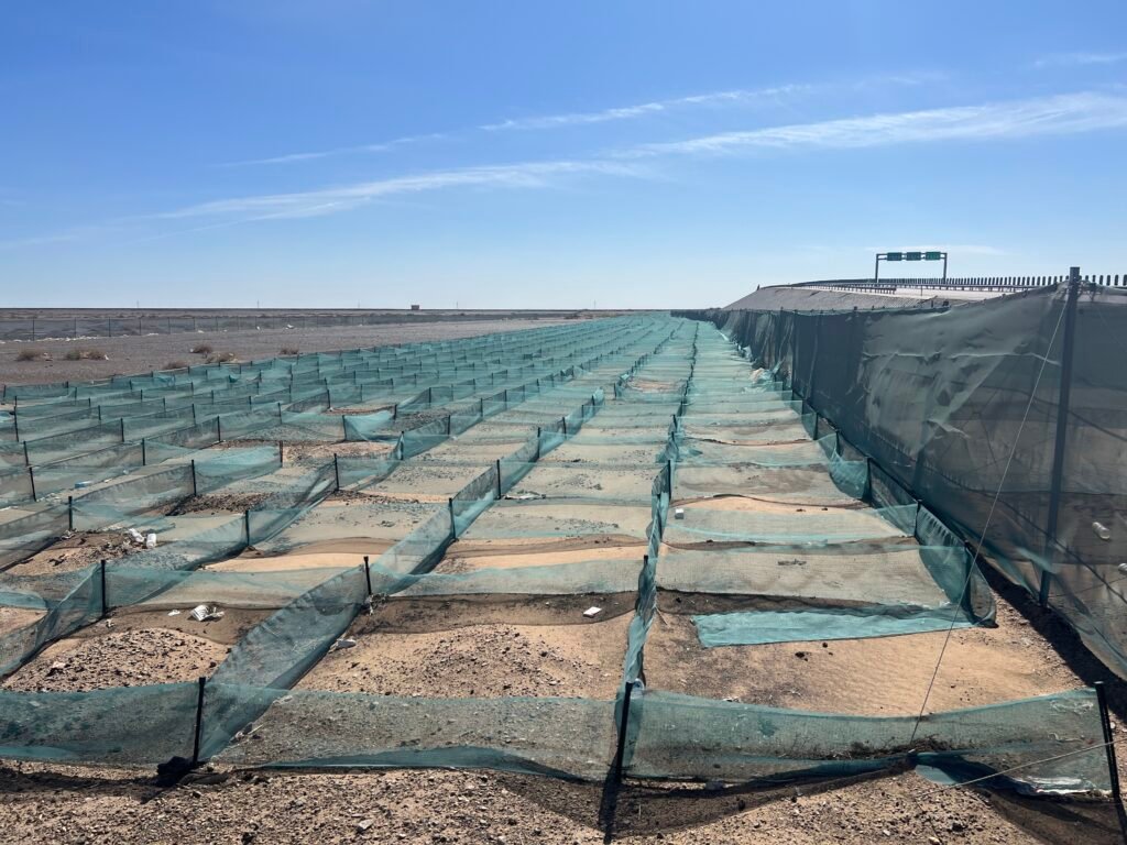 HDPE windbreak net sand barriers installed along desert highways for drifting sand protection