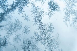Close-up of beautiful frost patterns on a window, capturing winter's intricate designs.
